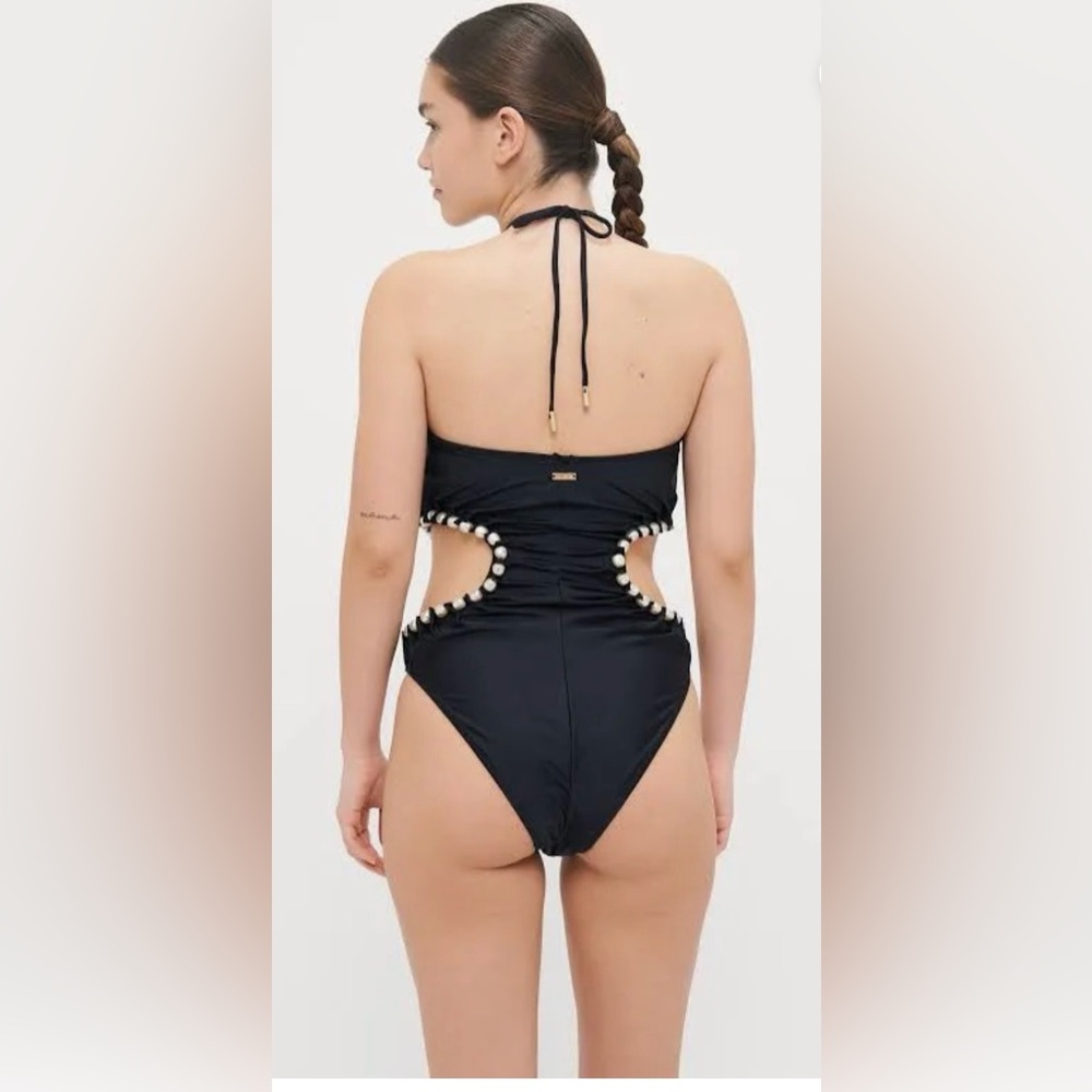CULT GAIA Sibel One Piece Swimsuit Black Halter with Pearl Details Small - Picture 4 of 11